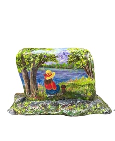 Hand-Painted Rock Art – Serene Landscape with Girl and Dog by the Water