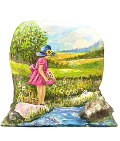 Hand-Painted Rock Art – Girl in Wildflower Field with Sunflower and Rabbit