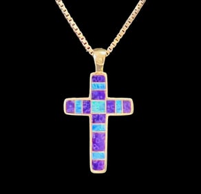 14k Gold Blue & Purple Opal Cross Pendant Necklace
