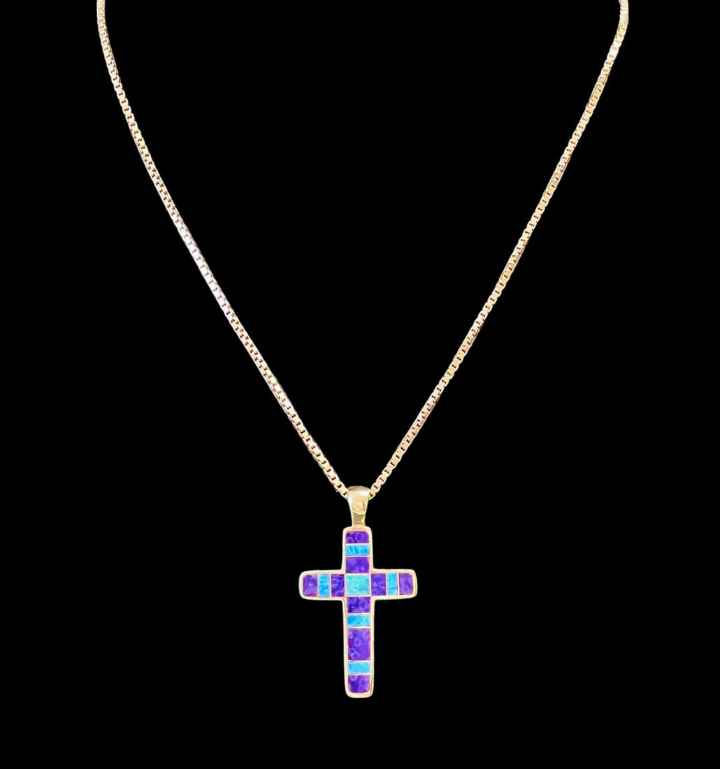 14k Gold Blue & Purple Opal Cross Pendant Necklace (1 of 3)
