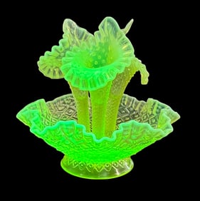 Vaseline Glass Hand-Blown Fenton Topaz Opalescent Hobnail 3-Horn Epergne Bowl