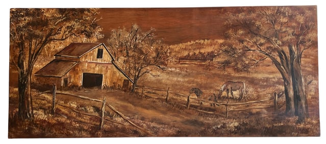 Original Landscape Painting by Van Buren Artist Marcia Wheat (Recycled Art on Coffee Table)