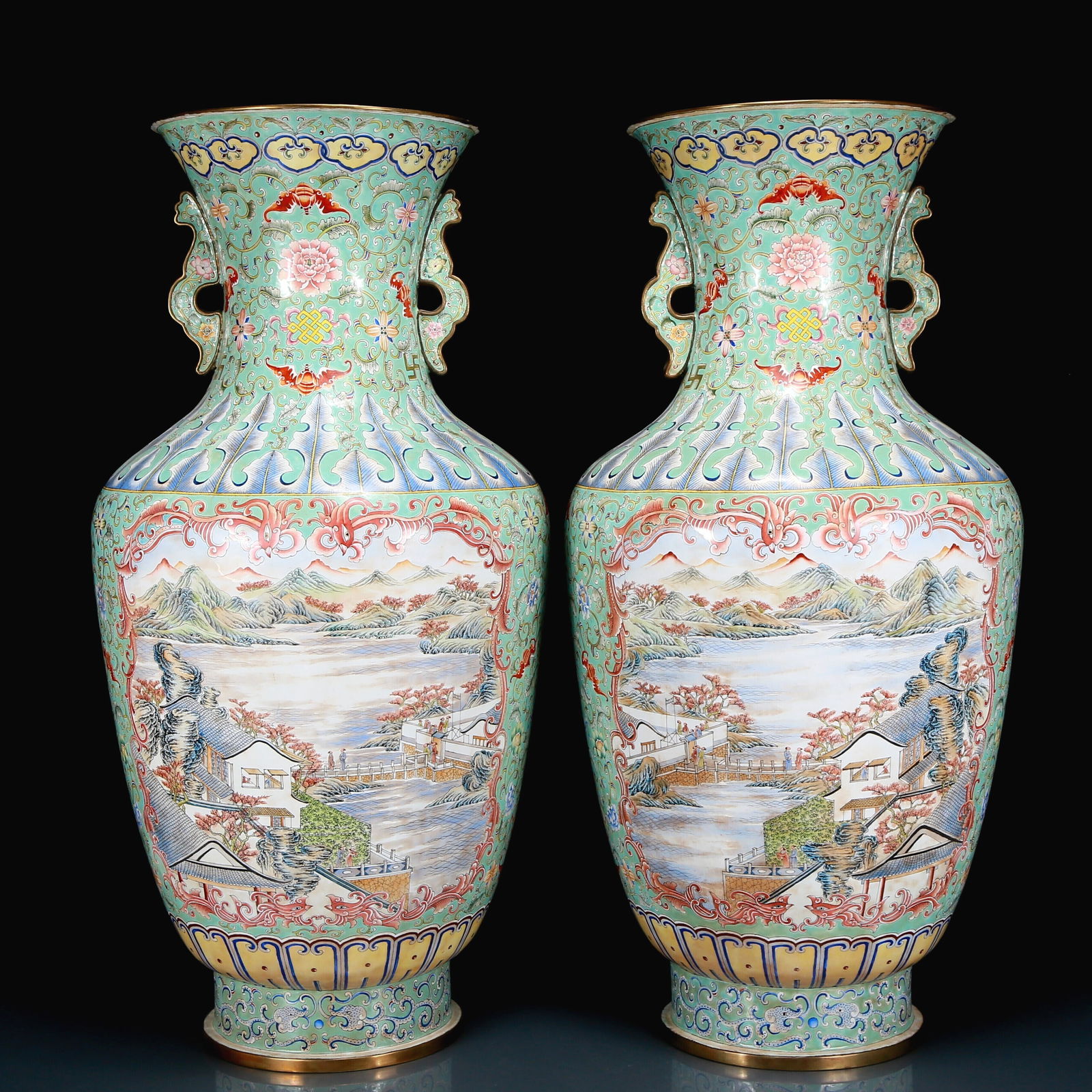 A Pair of Huge Bronze Overgild Painted Enamel Bats and Peach Pattern Landscape and Figure Pattern (1 of 14)