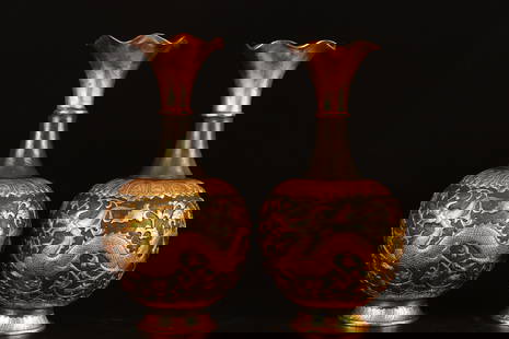 A Pair of Exquisite Gilt Bronze Dragon and Phoenix Pattern Vases: A Pair of Exquisite Gilt Bronze Dragon and Phoenix Pattern Vases,Tang Dynasty, China,With Mark,Size:25cmx12.5cm Weight:1643g &#19968;&#23545;&#38108;&#37775;&#37329;&#40857;&#20964;&#32441;&#29942;,&#
