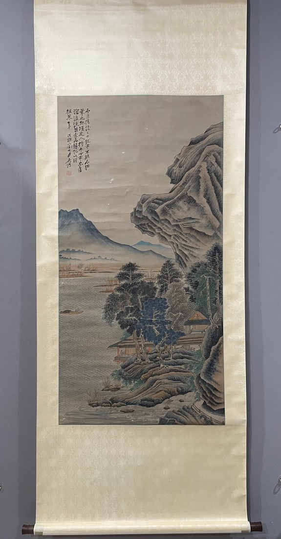 A Chinese Vertical Scroll Ink Painting of Landscape on Paper,Zhang Daqian: A Chinese Vertical Scroll Ink Painting of Landscape on Paper,Zhang Daqian,Size:132cmx66cm 一幅中国水墨山水画立轴，张࣪