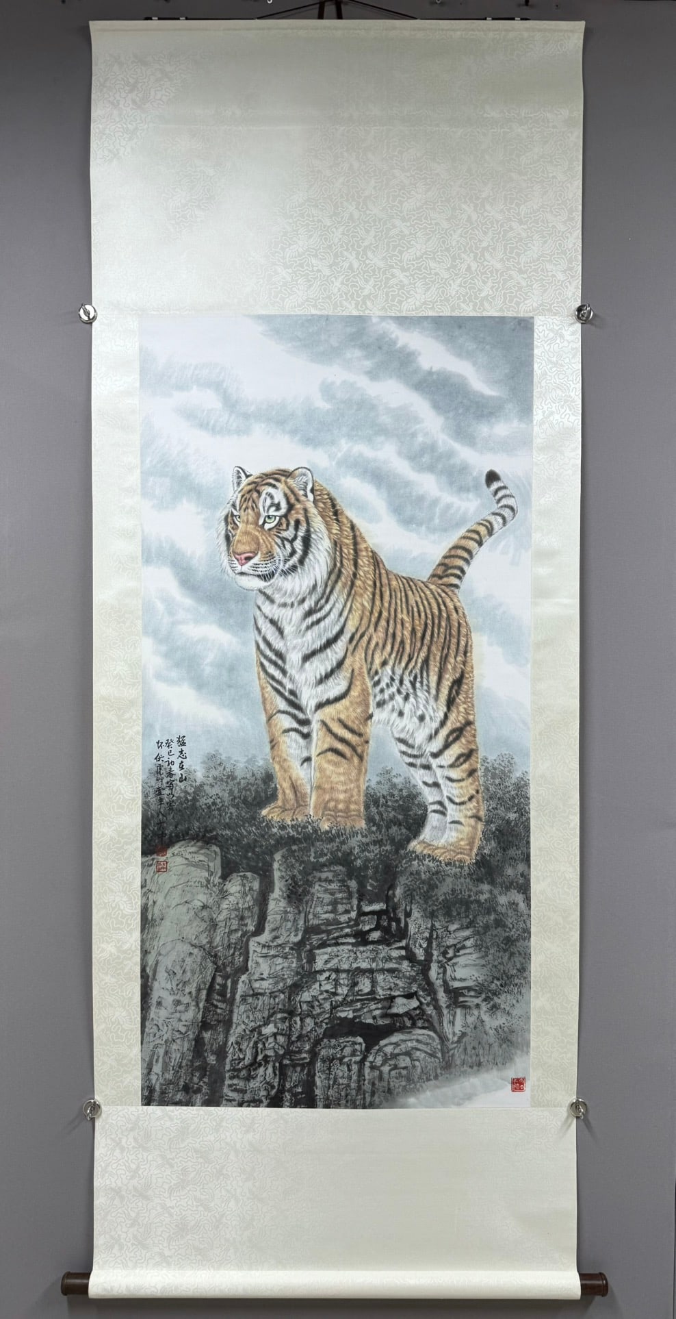 A Chinese Vertical Scroll Ink Painting of Tiger on Paper,Feng Dazhong: A Chinese Vertical Scroll Ink Painting of Tiger on Paper,Feng Dazhong,Size:138cmx69cm 一幅中国水墨老虎图立轴，冯大&#