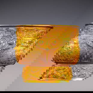 An Exquisite Gilt Bronze Bird Pattern With Inscription Censer: An Exquisite Gilt Bronze Bird Pattern With Inscription Censer Han Dynasty, China Size:17cmx14cm Weight:2300g铜鎏金鹰面方簋 中国汉代