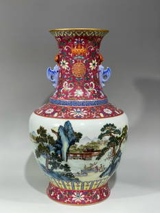 A Exquisite Famille-Rose Bats and Peach Pattern Lotus Pattern Landscape and Figure Pattern: A Exquisite Famille-Rose Bats and Peach Pattern Lotus Pattern Landscape and Figure Pattern Double-Ears Vase Qing Dynasty, China Qianlong Six-character Mark
