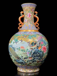 A Exquisite Enamel Lotus Pattern Flower and Bird Pattern Double-Ears Vase: A Exquisite Enamel Lotus Pattern Flower and Bird Pattern Double-Ears Vase Qing Dynasty, China Qianlong Six-character Mark