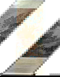 A Chinese Vertical Scroll Ink Painting of Landscape on Silk,Tang Yin: A Chinese Vertical Scroll Ink Painting of Landscape on Silk,Tang Yin,Size(Without frame):124cmx64cm 