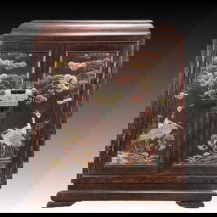 A Huge Zitanwood Inlaid Gems Pine and Crane Pattern Box: A Huge Zitanwood Inlaid Gems Pine and Crane Pattern Box,Qing Dynasty, China,Size:31.5cmx24cmx40cm,Weight:5100g 