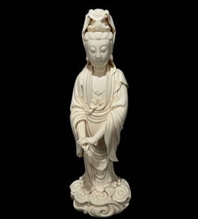 A Rare Blance-De-Chine Statue of Avalokitesvara: A Rare Blance-De-Chine Statue of Avalokitesvara, Qing Dynasty, China, With Mark, Size:50cm 德化瓷观音像,中国清代,带款