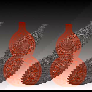 A Pair of Huge Carved Red Lacquer Gourd-Shaped Hanging Panels,with an Imperial Poem by Emperor: A Pair of Huge Carved Red Lacquer Gourd-Shaped Hanging Panels,with an Imperial Poem by Emperor Qianlong,Qing Dynasty, China,Size:60cmx100cmx5.5cm,Weight:13350g 
