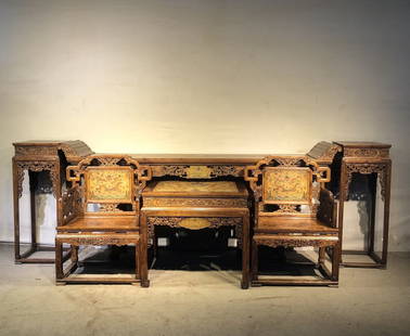 A Set of Rare Huanghuali wood Dragon Pattern Furniture: A Set of Rare Huanghuali wood Dragon Pattern Furniture,Qing Dynasty, China,Size:(Long Table)251cmx51cmx104cm,(End Table)45cmx45cmx118cm,(Square Table)90cmx90cmx81cm,(Chair)72cmx52cmx108cm &#19968;&#22
