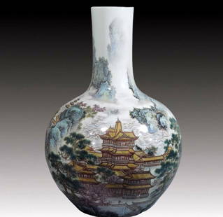 A Huge Enamel Landscape and Figure Pattern Vase,with poem: A Huge Enamel Landscape and Figure Pattern Vase,with poem,Qing Dynasty, China,Qianlong Six-character Mark,Size:48cmx32.5cm 