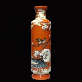 An Exquisite Enamel Coral Red Glazed Painted Gold Flower and Bird Pattern Vase