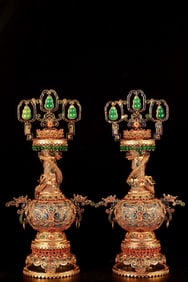 A Pair of Exquisite Flower silk gold-plated Inlaid Gems Flower Pattern Censers