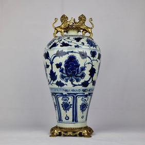 An Exquisite Blue and White Lotus Pattern Inlaid Bronze Beast Ears Vase