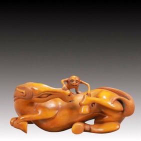 An Exquisite Boxwood Horse and Monkey Ornament