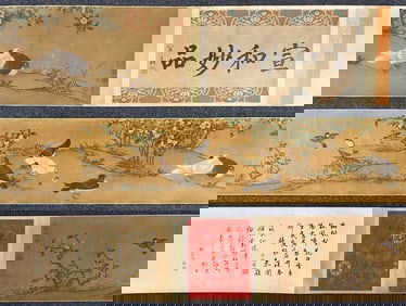 A Chinese Hand Scroll Ink Painting of Flower and Bird on Silk,Song Huizong