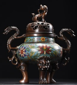 An Exquisite Cloisonne Lotus Pattern Dragon-Ears and Tripod Censer,With Beast Cover