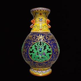 A Rare Enamel Yellow Ground Blue Glazed Painted Gold Hollow Lotus and Dragon Pattern Elephant-Ears