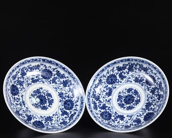 A Pair of Exquisite Blue and White Lotus Pattern Stem Bowls