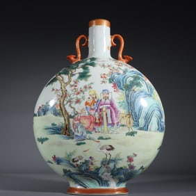 An Exquisite Famille-Rose Character and Story Pattern Double-Ears Vase,with poem