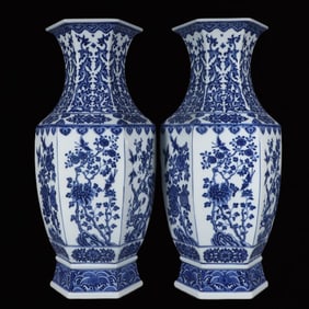 A Pair of Huge Blue and White Flower and Bird Pattern Vases