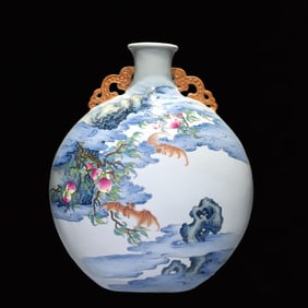 An Exquisite Famille-Rose Bats and Peach Pattern Dragon-Ears Vase ,With Poem