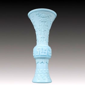 A Precious Glass Blue Glazed Lotus and Fish Pattern Vase