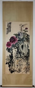 A Chinese Vertical Scroll Ink Painting of Flower on Paper,Wu Changshuo