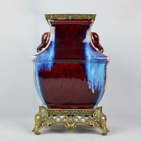 An Exquisite Flambe Glazed Inlaid Bronze Beast Ears Vase