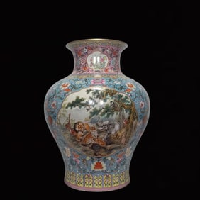 A Huge Enamel Painted Gold Lotus and Auspicious Beast Pattern Jar,With Poem