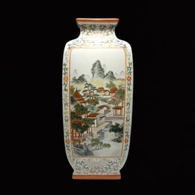 A Huge Famille-Rose Painted Gold Lotus,Landscape and Figure Pattern Vase ,With Poem