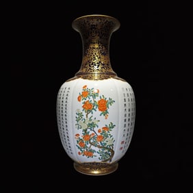 A Huge Enamel Ji Blue Glazed Painted Gold Flower Pattern Vase,With Poem