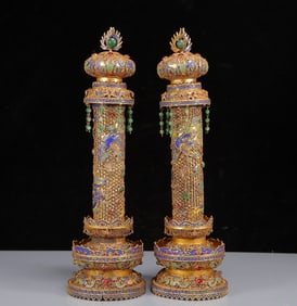A Pair of Huge Gilt Inlaid Gems Dragon and Phoenix Pattern Pagodas