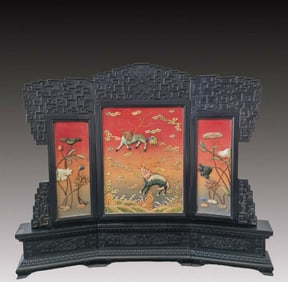 A Huge Zitanwood Auspicious Beast Pattern Screen, Inlaid Gems