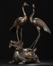 A Huge Gilt Bronze Painted Color Turtle and Crane Ornament