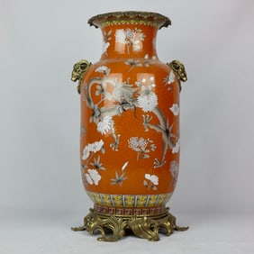 An Exquisite Red Glazed Flower and Dragon Pattern Inlaid Bronze Beast Ears Vase
