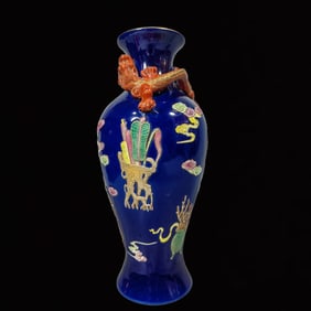 An Exquisite Ji Blue Glazed Painted Gold Eight Treasures and Drago Pattern Vase