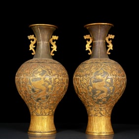 A Pair of Huge Gilt Silver Auspicious Beast Pattern Double-ears Vases