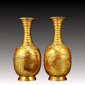 A Pair of Fine Gilt Bronze Hunting Pattern Vase