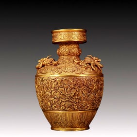 An Exquisite Gilt Bronze Lotus and Dragon Pattern Vase