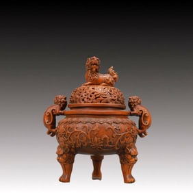 An Exquisite Boxwood Lotus Pattern Double-Ears and Tripod Censer