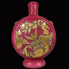 A Rare Ruby Red-Glazed Painted Gold Flower and Bird Pattern Beast-Ears Vase