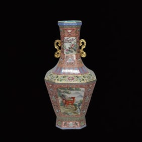 A Huge Enamel Auspicious Beast,Flower and Bird Pattern Double-Ears Vase
