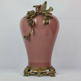An Exquisite Peach Bloom-Glazed Inlaid Bronze Flower and Bird Vase