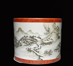 An Exquisite Imitation Wood Grain Glazed Ink Color Landscape and Figure Pattern Brush Pot