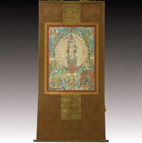 A Rare Brocade Painted Color Statue of Thousand-hand Guanyin Tangka